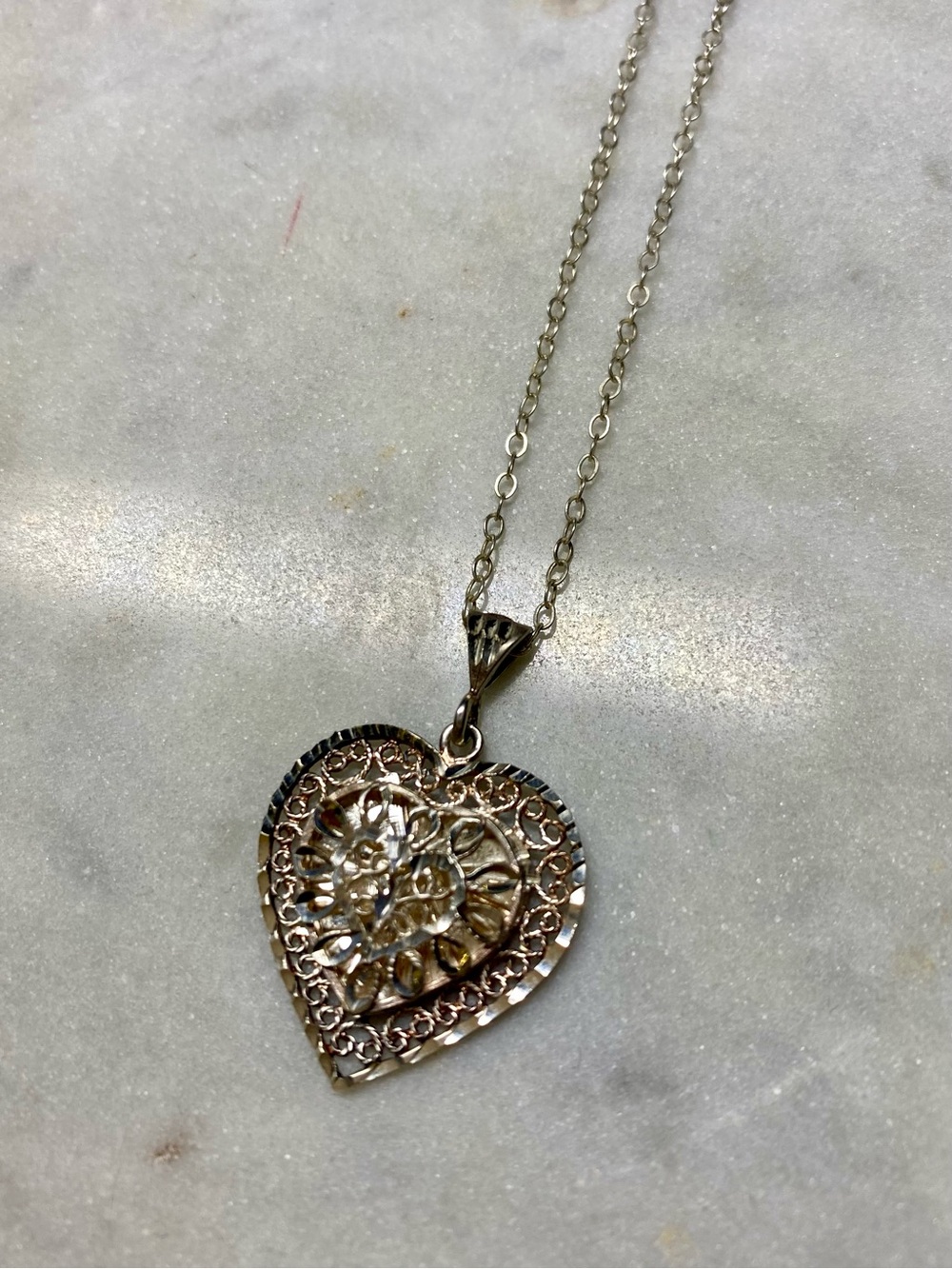 Sterling Silver Heart Pendant Necklace Open Work Scroll Filigree VTG 16”